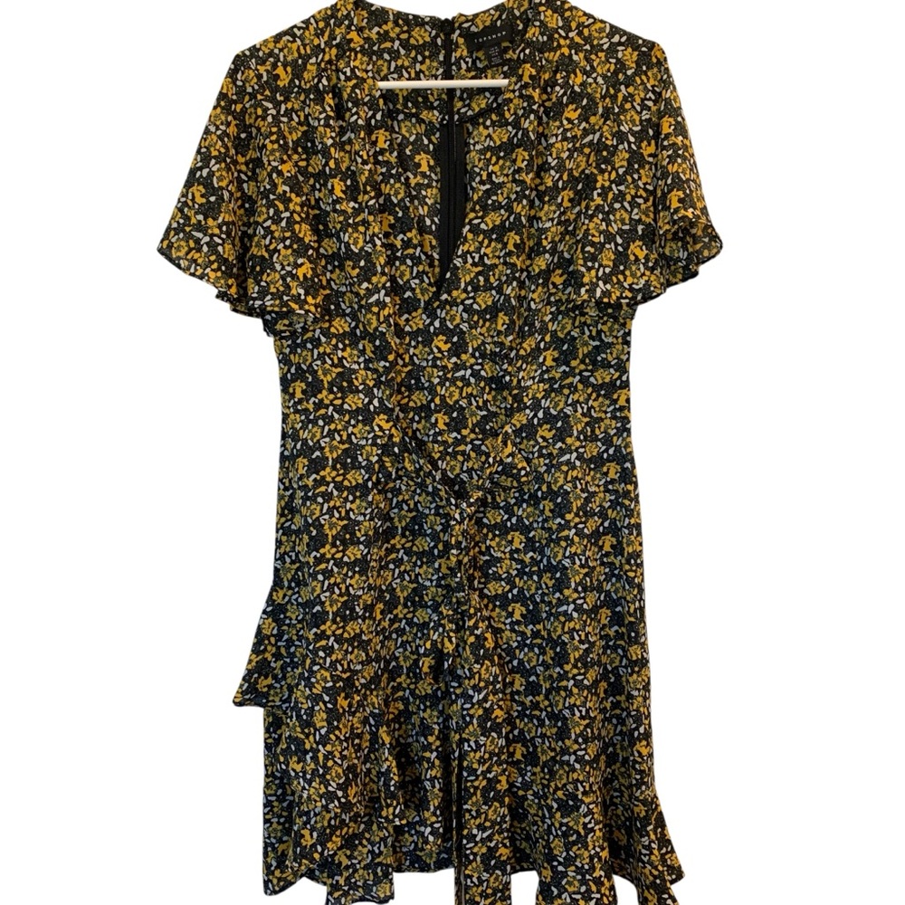 TOPSHOP Dress V-Neck With Front Tie & Ruffles Size 8